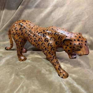 VTG Cheetah Figurine Jaguar Leather Wrapped Statue Sculpture Decor 17”x7”x4”